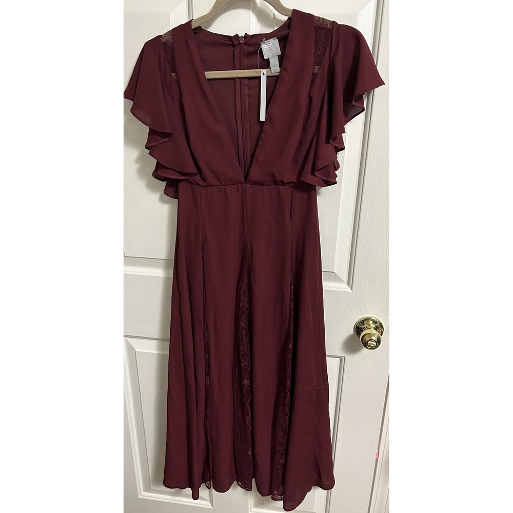 ASOS Midi Dress Lace Godet 4 Women's Maroon V-Neck Ruffle Short Sleeve NWT